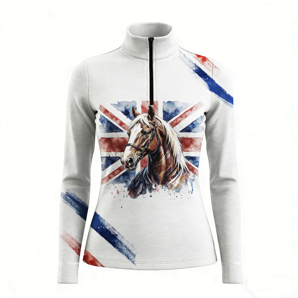 RIDER ATELIER British flag horse quarter-zip top on white background, front view
