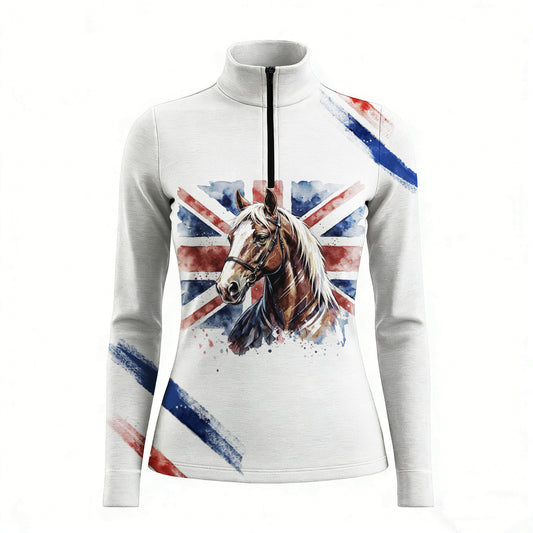 RIDER ATELIER British flag horse quarter-zip top on white background, front view
