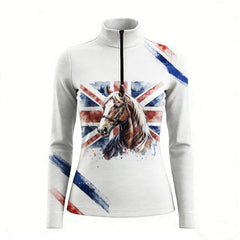 RIDER ATELIER British flag horse quarter-zip top on white background, front view
