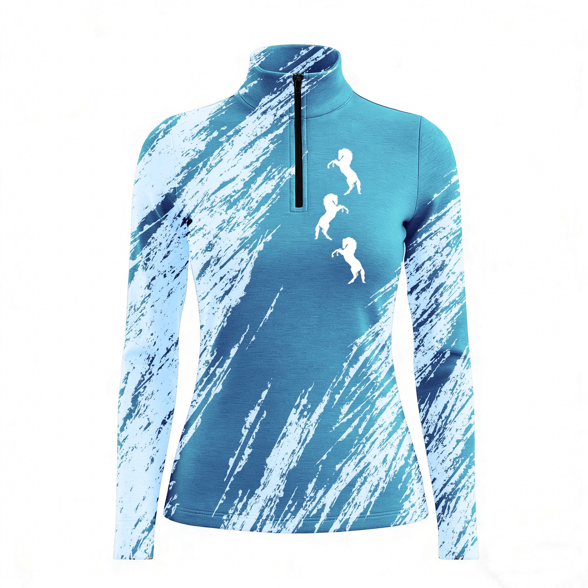 Woman wearing RIDER ATELIER brushstroke horse quarter-zip top at the show jumping arena