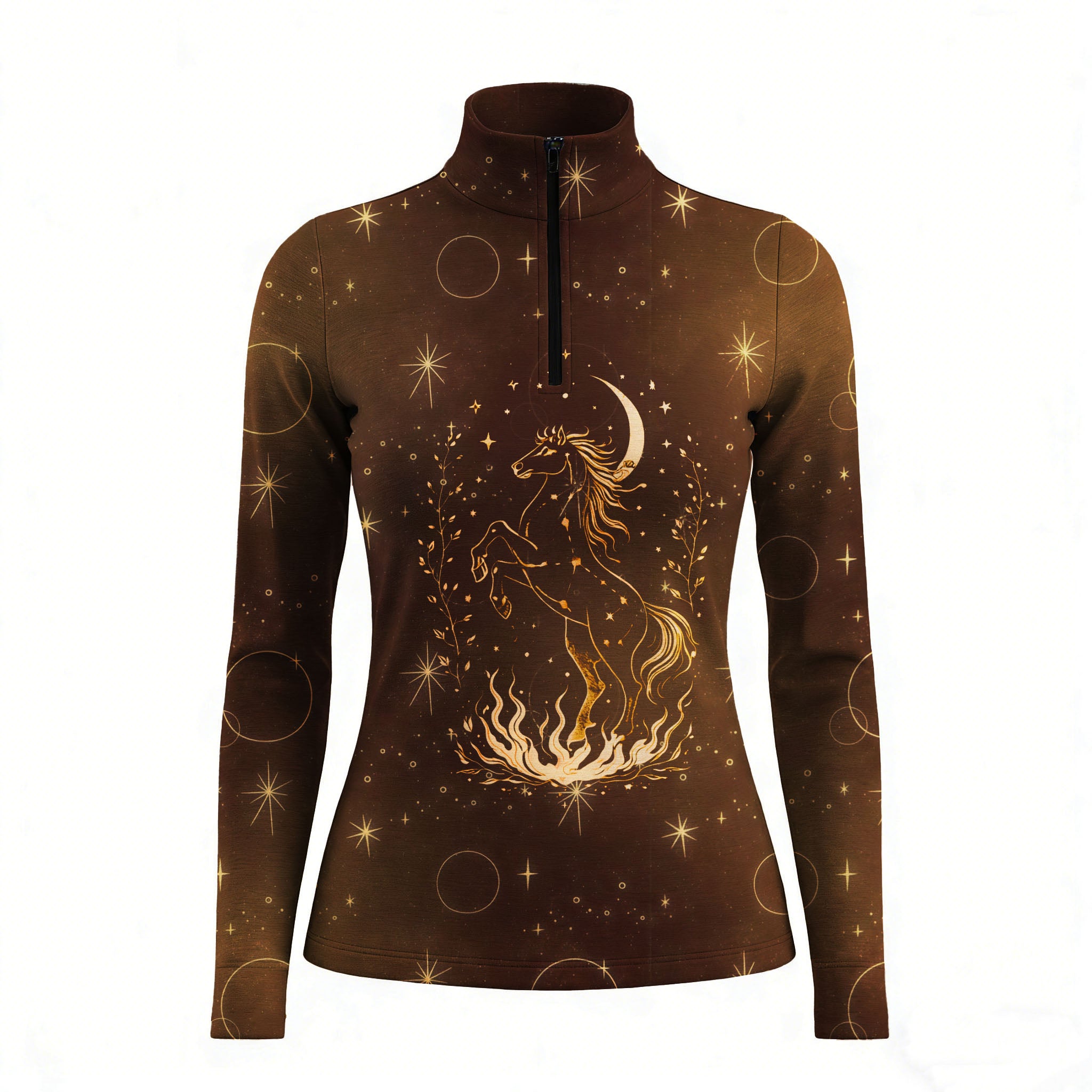 Woman wearing RIDER ATELIER celestial horse quarter-zip top leaning on a wooden fence