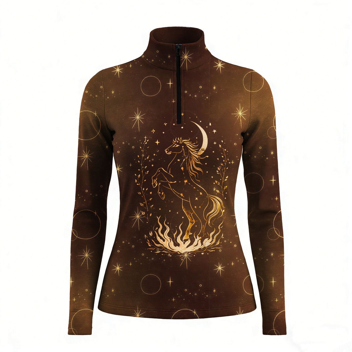 Woman wearing RIDER ATELIER celestial horse quarter-zip top leaning on a wooden fence