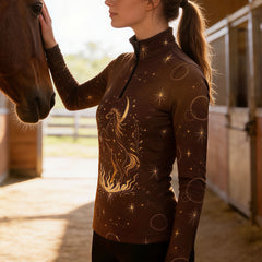 Woman wearing RIDER ATELIER celestial horse quarter-zip top with a chestnut horse