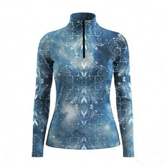 Woman wearing RIDER ATELIER celestial quarter-zip top with a chestnut horse