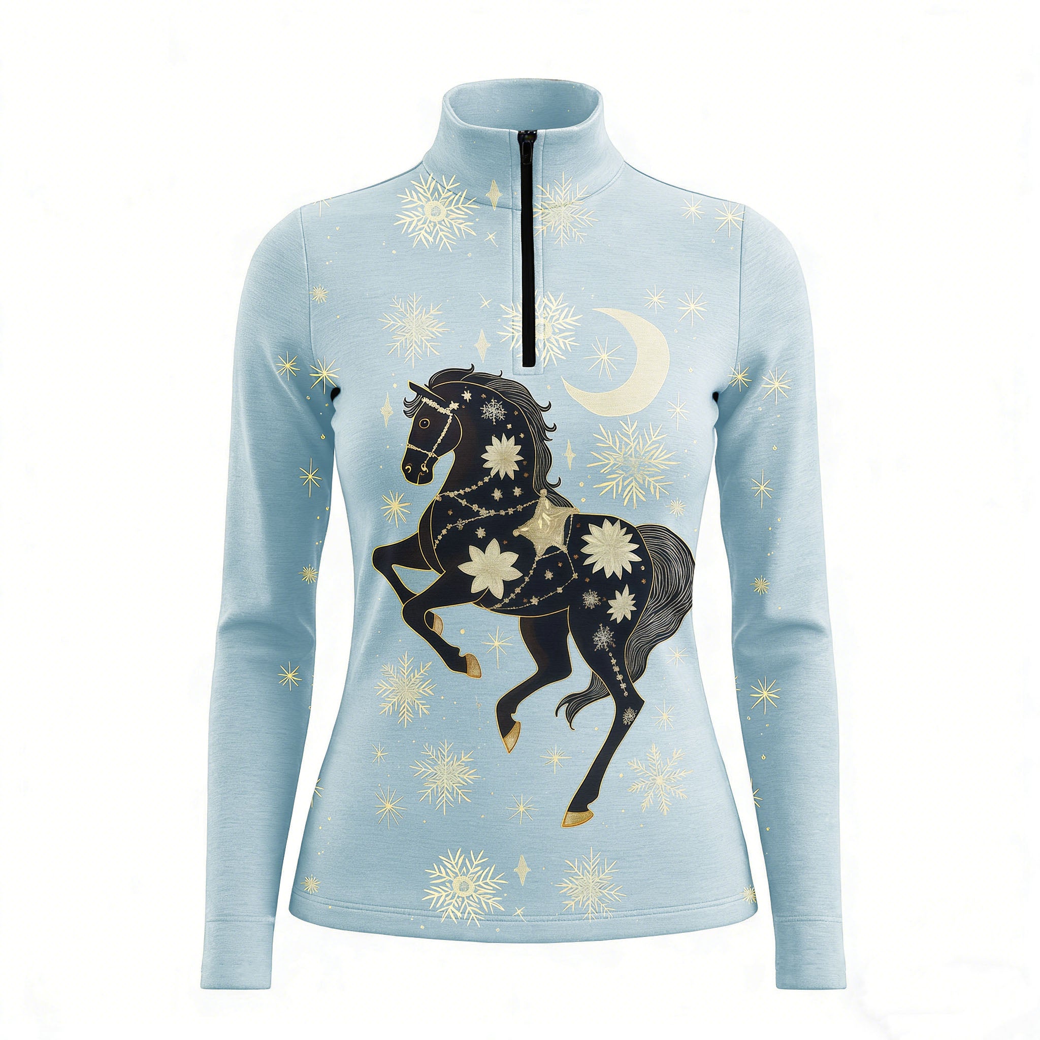 RIDER ATELIER celestial winter quarter-zip top on white background, front view
