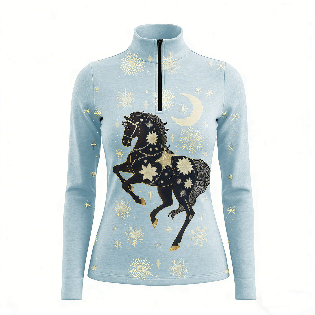 RIDER ATELIER celestial winter quarter-zip top on white background, front view

