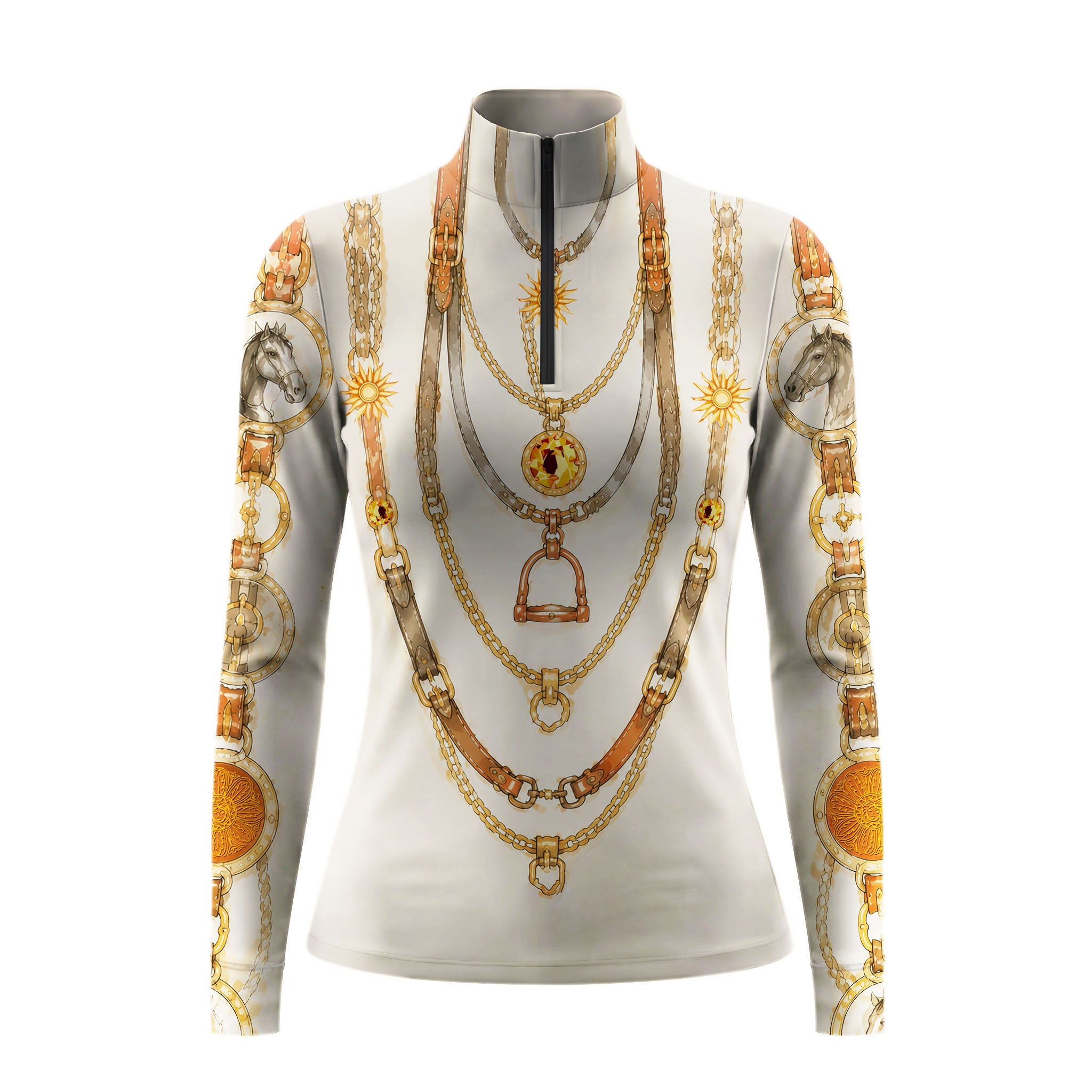 Studio flat view of the warm-toned variant of the RIDER ATELIER Equestrian Chain & Medallion Print Long-Sleeve Quarter-Zip Riding Top, showcasing the print’s golden accents

