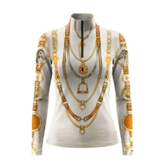 Studio flat view of the warm-toned variant of the RIDER ATELIER Equestrian Chain & Medallion Print Long-Sleeve Quarter-Zip Riding Top, showcasing the print’s golden accents
