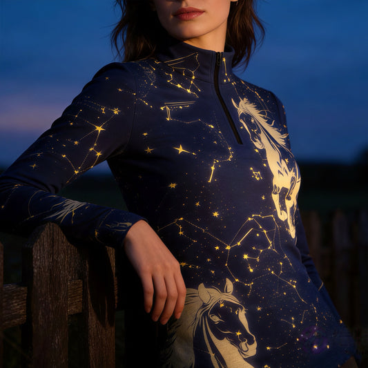 Woman wearing RIDER ATELIER constellation horse quarter-zip top at sunset leaning on a wooden fence