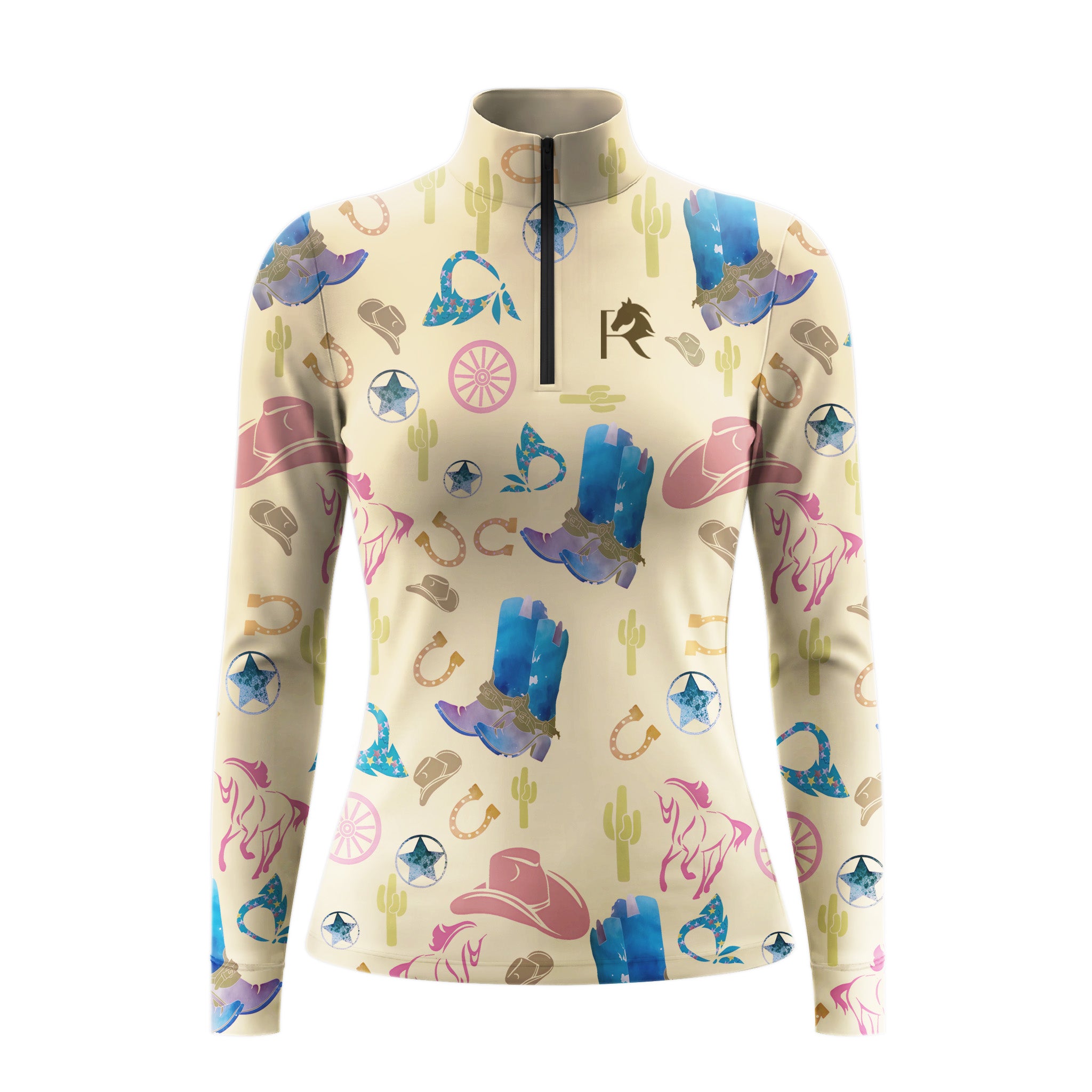 Studio flat view of the RIDER ATELIER Watercolor Western Cowboy Boot Print Long-Sleeve Quarter-Zip Riding Top, showcasing the full pattern and quarter-zip collar
