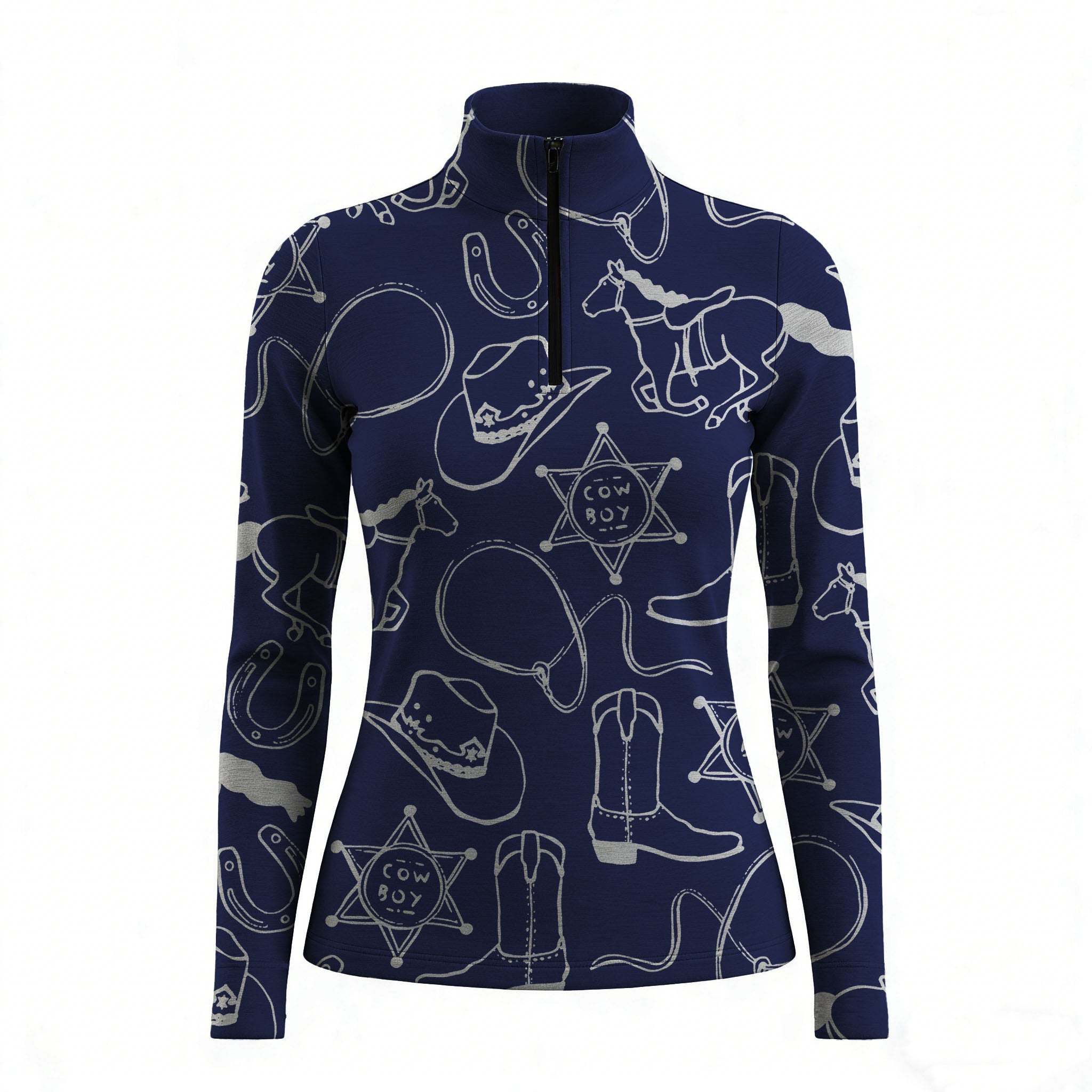 RIDER ATELIER cowboy western navy blue quarter-zip top on white background, front view