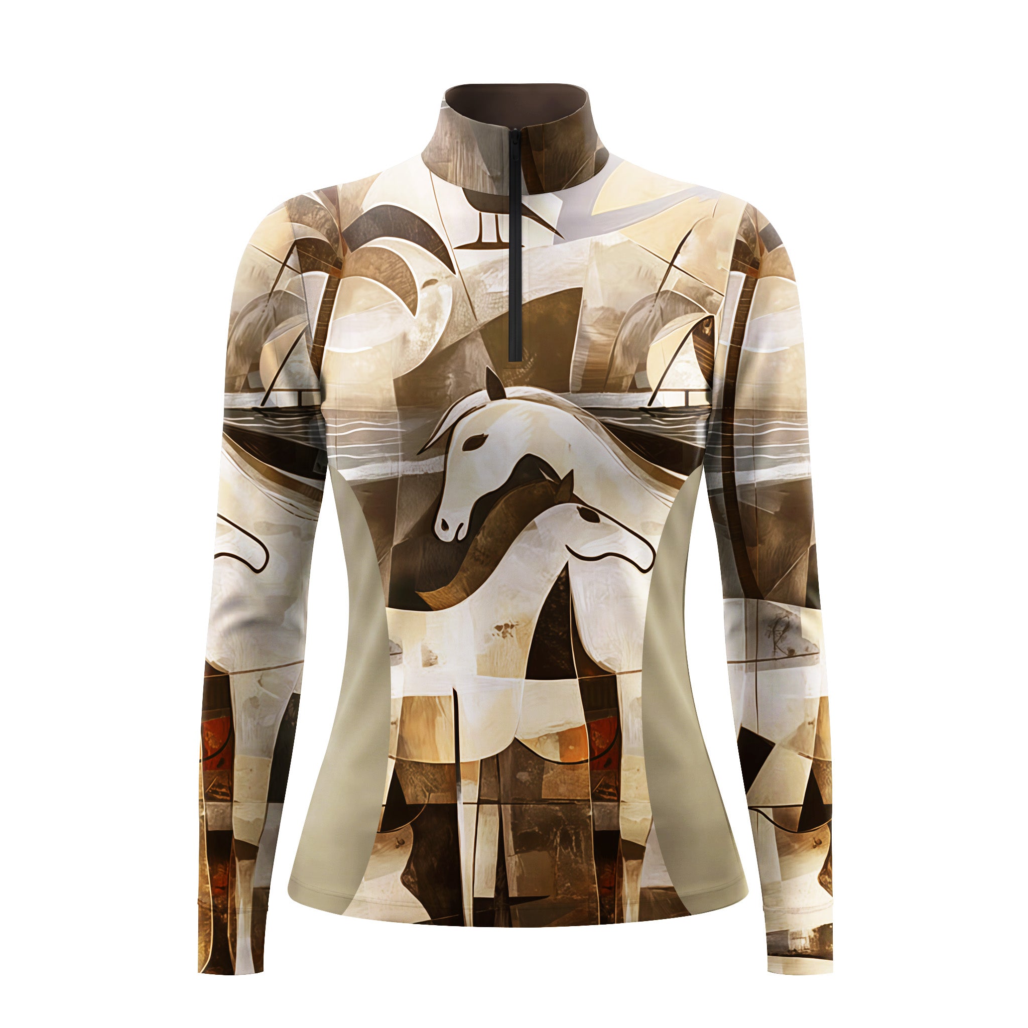 Studio flat view of the RIDER ATELIER Cubist Abstract Horse Print Long-Sleeve Quarter-Zip Riding Top, showcasing the full cubist pattern and quarter-zip collar
