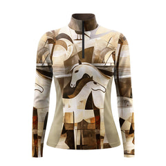 Studio flat view of the RIDER ATELIER Cubist Abstract Horse Print Long-Sleeve Quarter-Zip Riding Top, showcasing the full cubist pattern and quarter-zip collar

