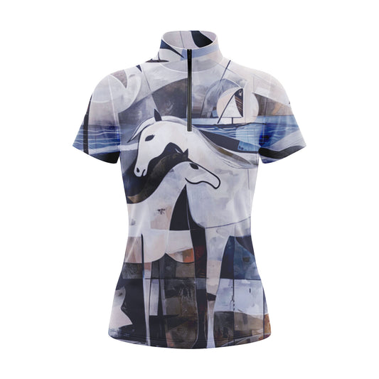 Studio shot of the RIDER ATELIER Cubist Horse & Sailboat Print Short-Sleeve Quarter-Zip Riding Top, showing the full artistic print, coastal color scheme, quarter-zip collar, and fabric texture against a clean white background
