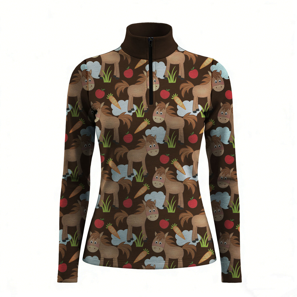 RIDER ATELIER cute cartoon horse dark brown quarter-zip top on white background, front view