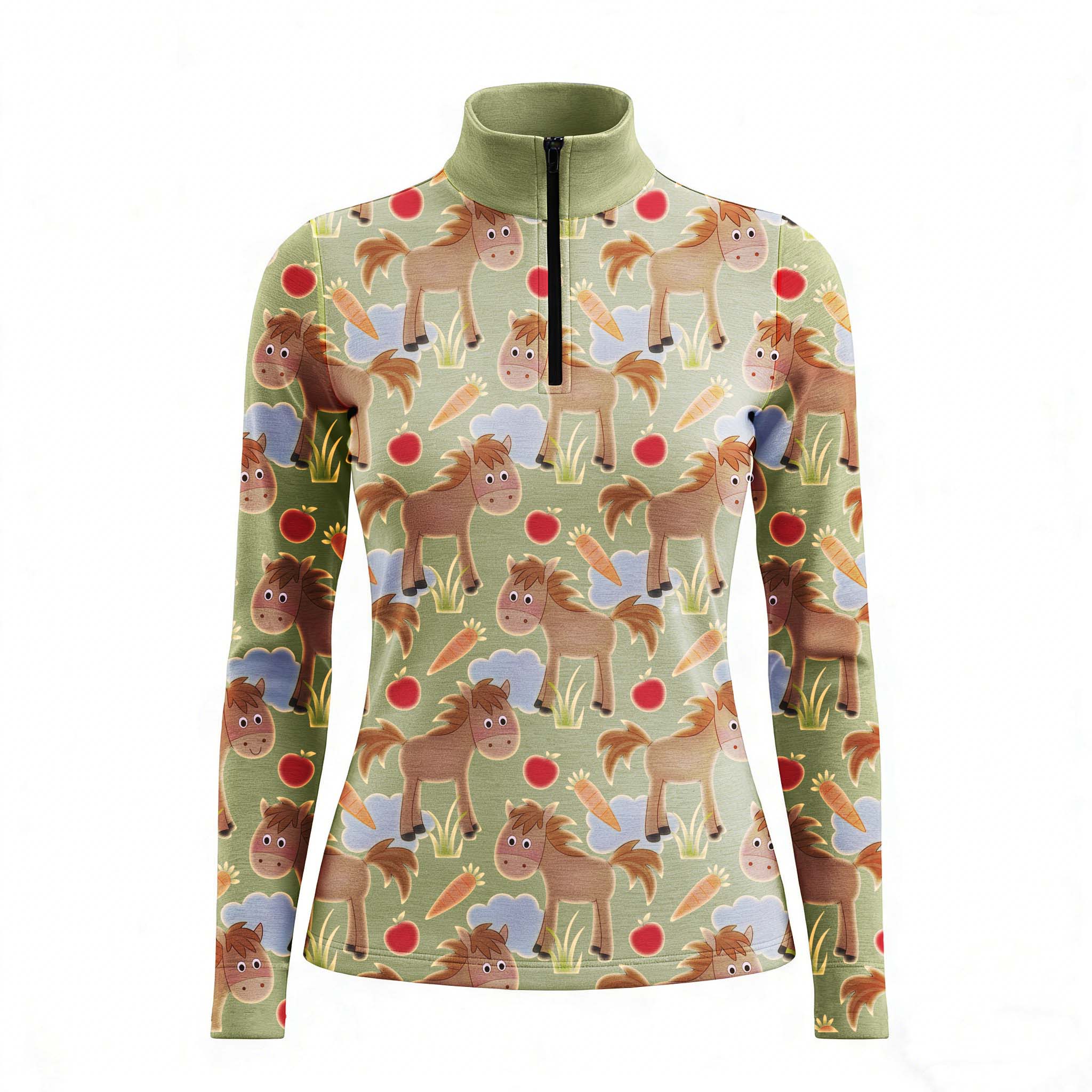 RIDER ATELIER cute cartoon horse sage green quarter-zip top on white background, front view