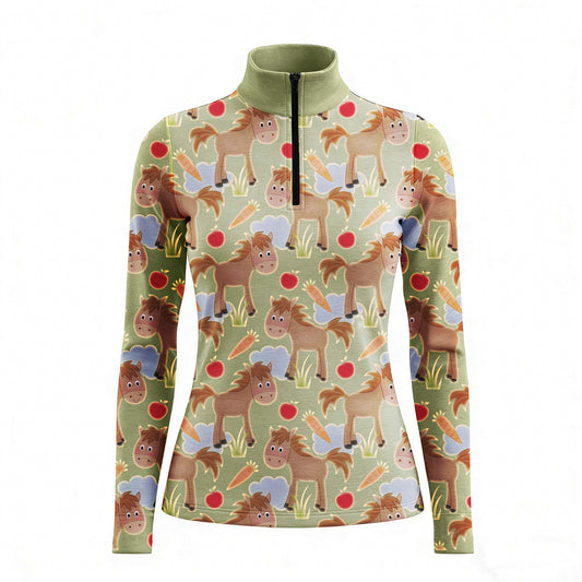 RIDER ATELIER cute cartoon horse sage green quarter-zip top on white background, front view