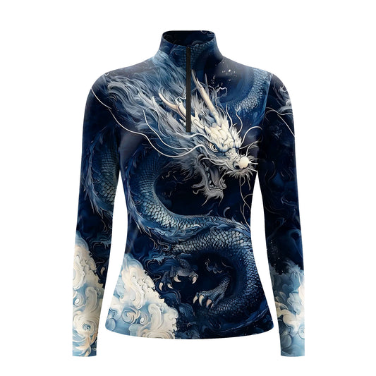 Studio shot of the RIDER ATELIER Deep Blue Chinese Dragon Print Long-Sleeve Quarter-Zip Riding Top, showing the full dragon print, deep navy base, cloud gradient cuffs, quarter-zip collar, and fabric texture against a clean white background
