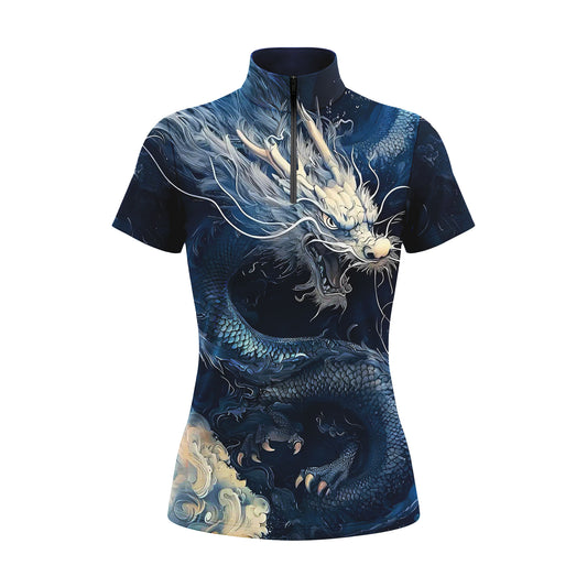 Studio shot of the RIDER ATELIER Deep Blue Chinese Dragon Print Short-Sleeve Quarter-Zip Riding Top, showing the full dragon print, deep navy base, quarter-zip collar, and fabric texture against a clean white background
