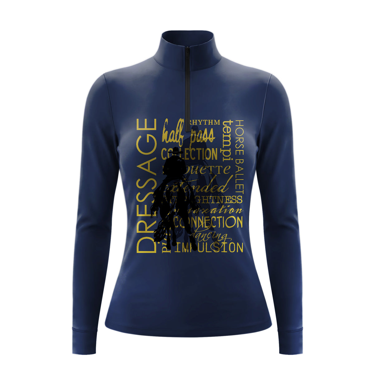 Studio flat view of the RIDER ATELIER Dressage Term Word Art Long-Sleeve Quarter-Zip Riding Top, showcasing the full print and quarter-zip collar

