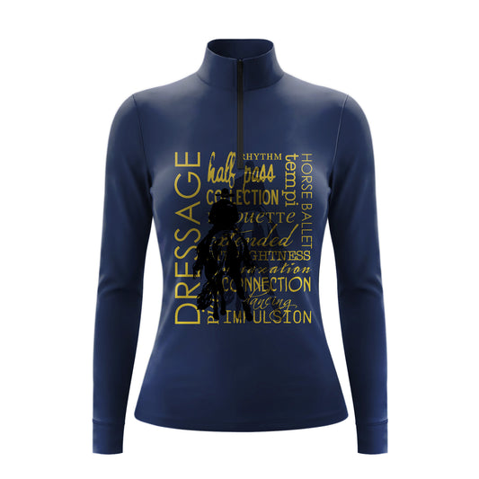 Studio flat view of the RIDER ATELIER Dressage Term Word Art Long-Sleeve Quarter-Zip Riding Top, showcasing the full print and quarter-zip collar
