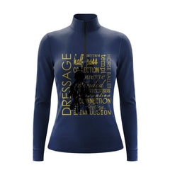 Studio flat view of the RIDER ATELIER Dressage Term Word Art Long-Sleeve Quarter-Zip Riding Top, showcasing the full print and quarter-zip collar
