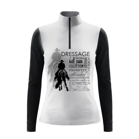 Studio shot of the RIDER ATELIER Black & White Dressage Word Cloud Print Long-Sleeve Quarter-Zip Riding Top, showing the full print, monochrome two-tone design, quarter-zip collar, and fabric texture against a clean white background
