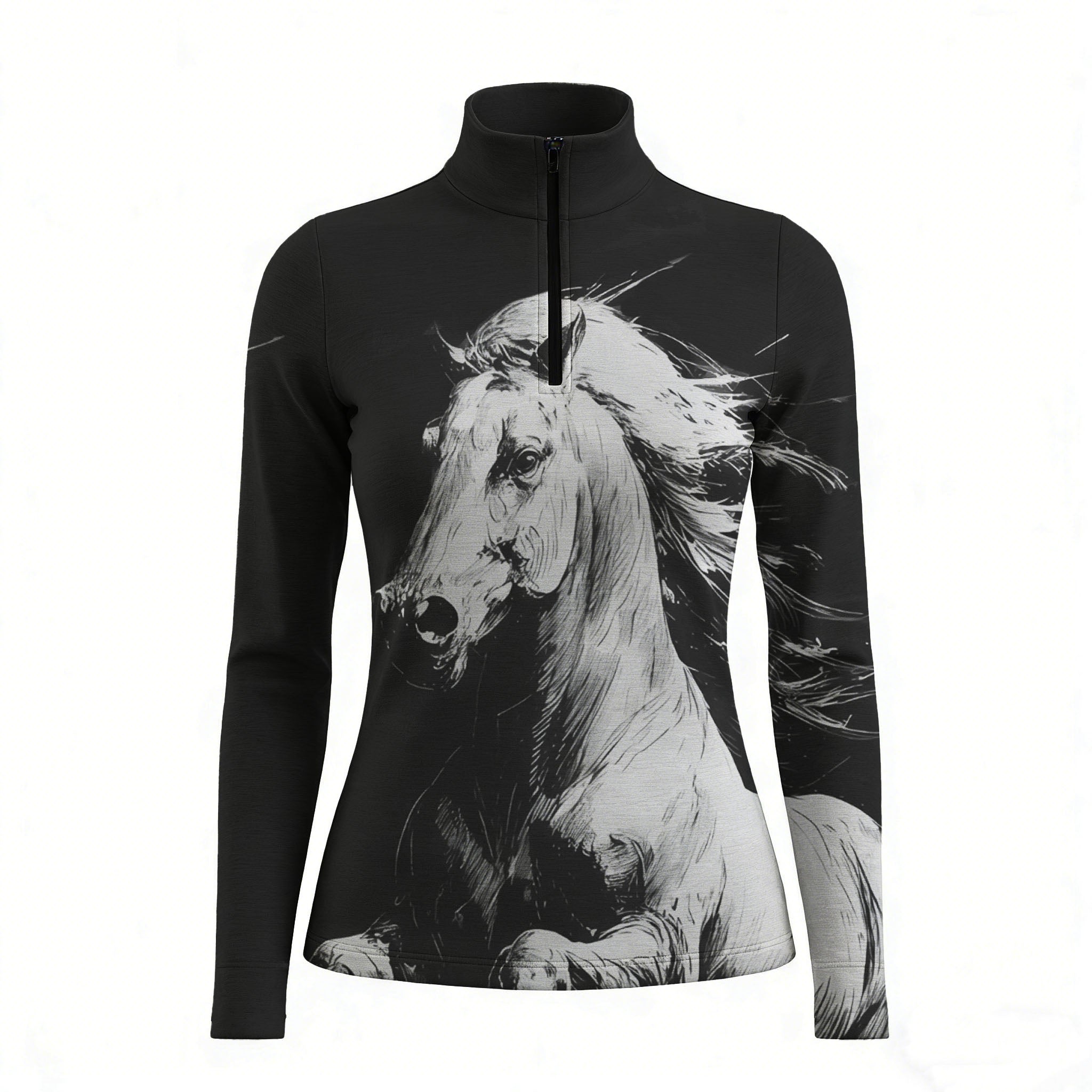 RIDER ATELIER dynamic sketch horse quarter-zip top on white background, front view
