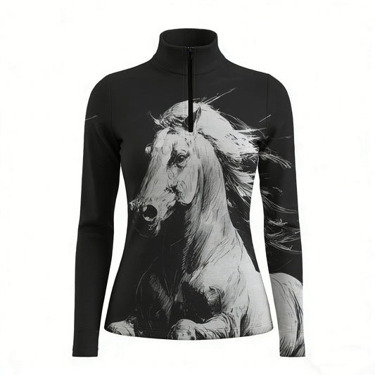RIDER ATELIER dynamic sketch horse quarter-zip top on white background, front view
