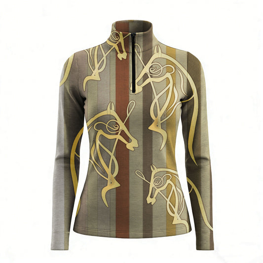 RIDER ATELIER earthy Celtic horse quarter-zip top on white background, front view