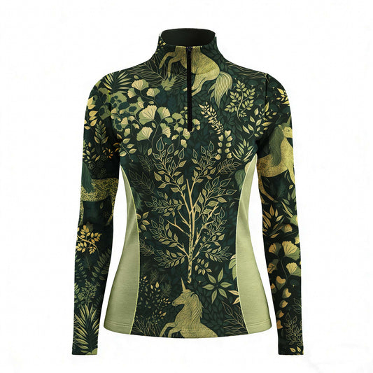 RIDER ATELIER enchanted forest unicorn quarter-zip top on white background, front view