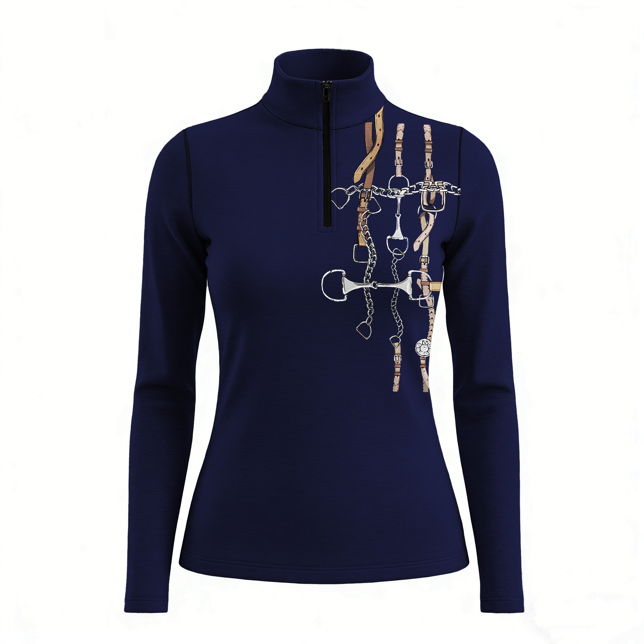 RIDER ATELIER equestrian bit & bridle stack equestrian quarter-zip top in navy on white background, front view