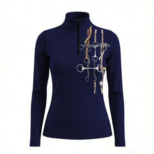 RIDER ATELIER equestrian bit & bridle stack equestrian quarter-zip top in navy on white background, front view
