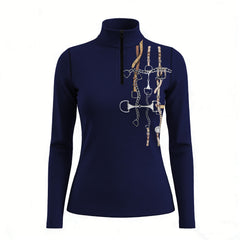 RIDER ATELIER equestrian bit & bridle stack equestrian quarter-zip top in navy on white background, front view