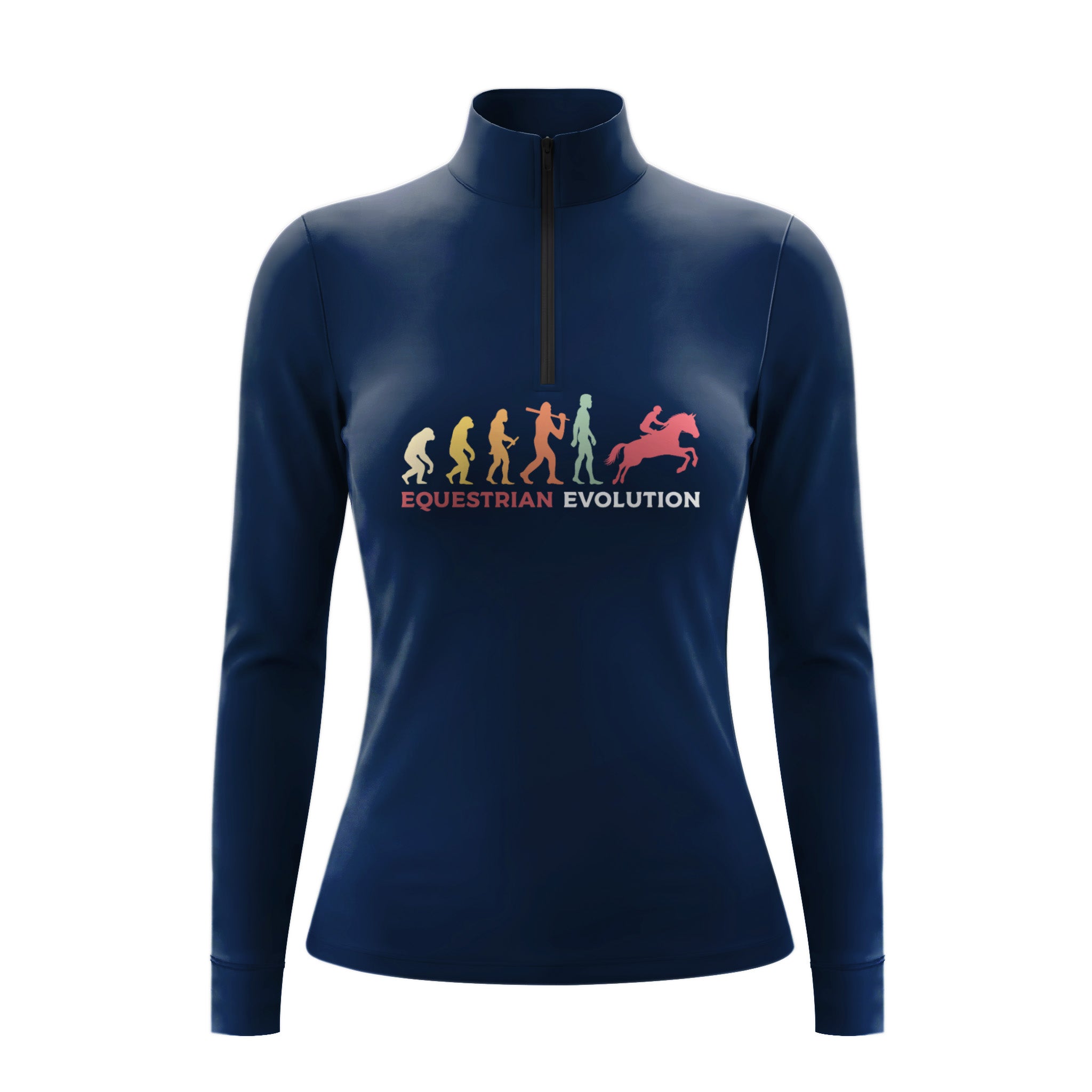 Studio flat view of the RIDER ATELIER Equestrian Evolution Graphic Print Long-Sleeve Quarter-Zip Riding Top, showcasing the full graphic print and quarter-zip collar
