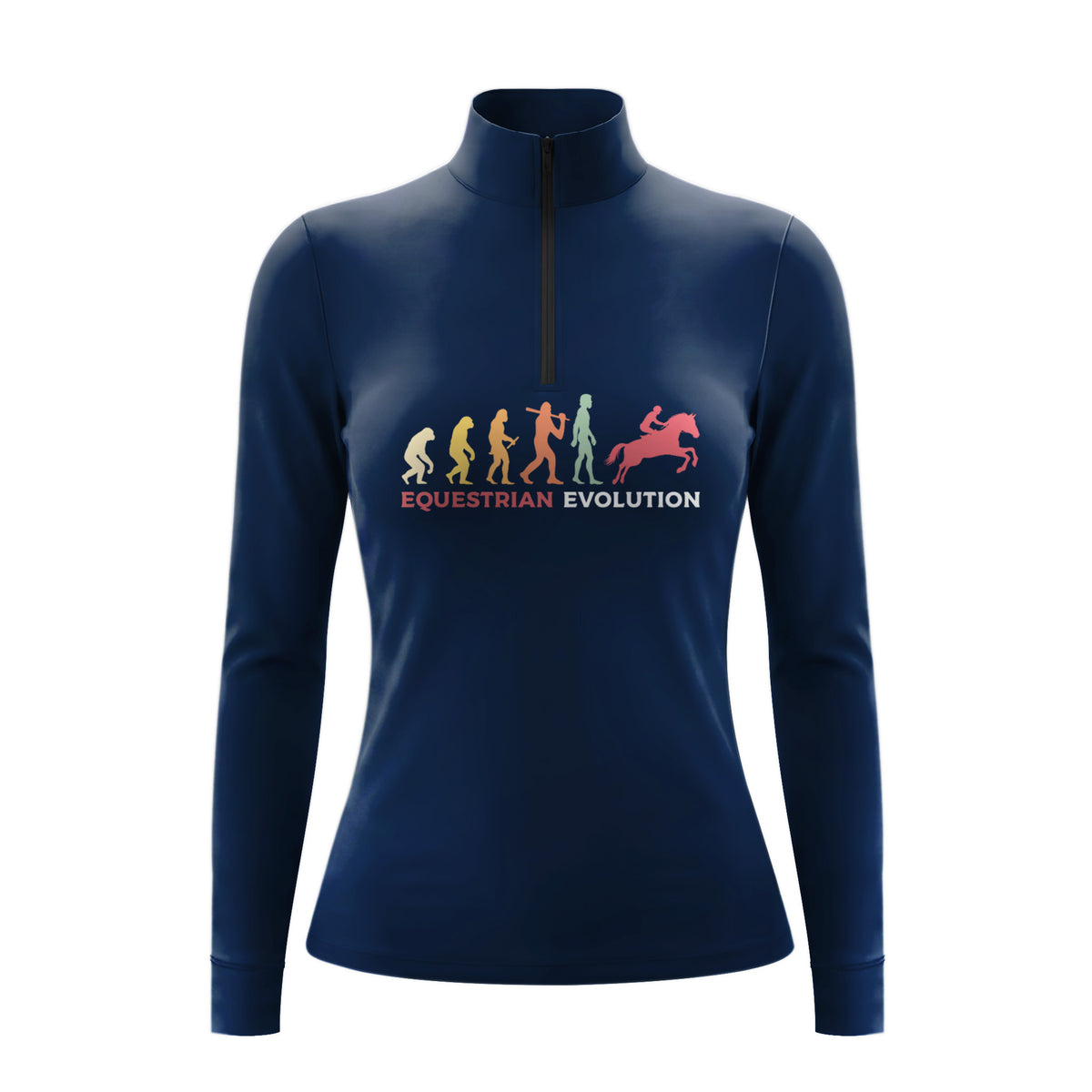 Studio flat view of the RIDER ATELIER Equestrian Evolution Graphic Print Long-Sleeve Quarter-Zip Riding Top, showcasing the full graphic print and quarter-zip collar
