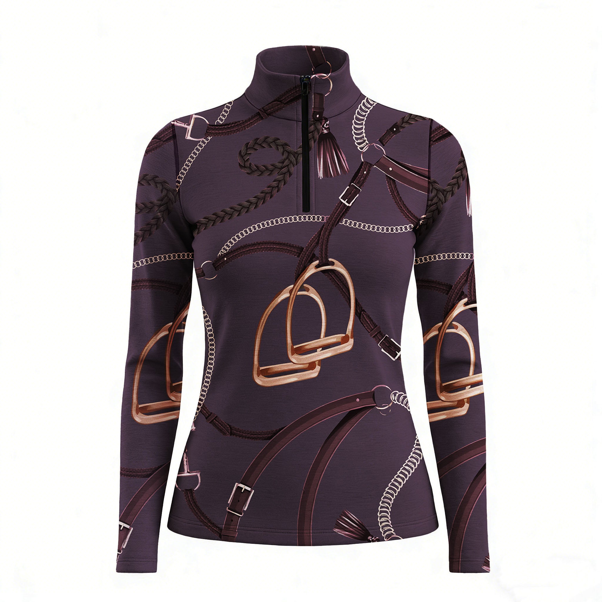 RIDER ATELIER equestrian stirrup & bridle quarter-zip top in plum on white background
