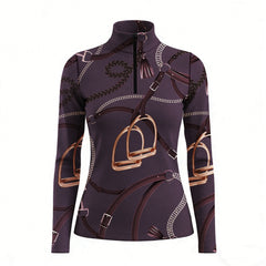 RIDER ATELIER equestrian stirrup & bridle quarter-zip top in plum on white background
