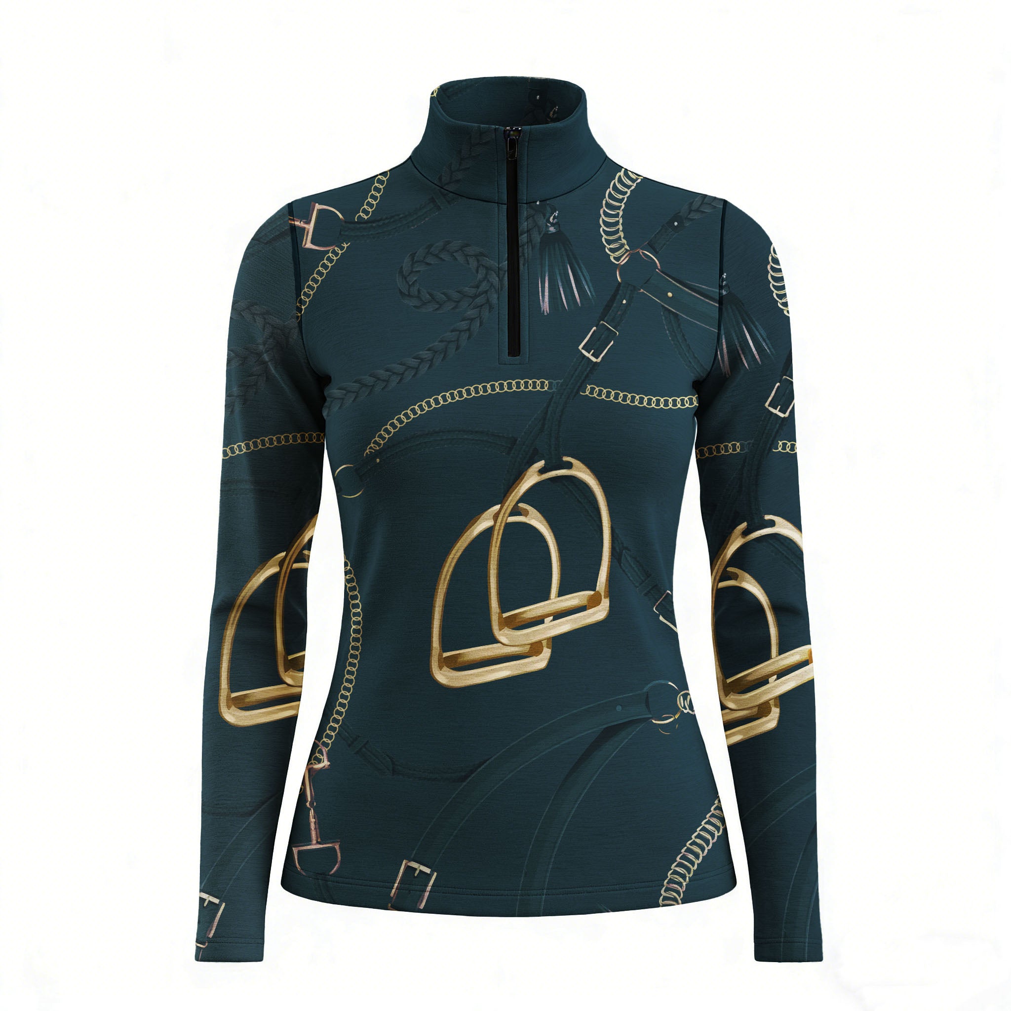 RIDER ATELIER equestrian stirrup & bridle quarter-zip top in teal on white background