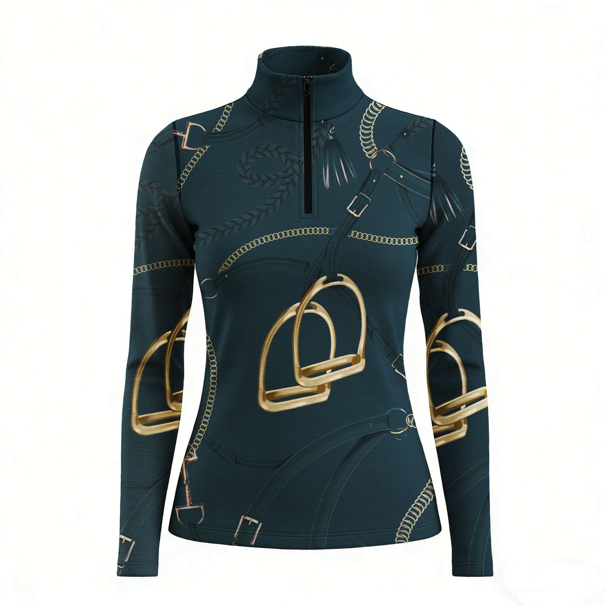 RIDER ATELIER equestrian stirrup & bridle quarter-zip top in teal on white background