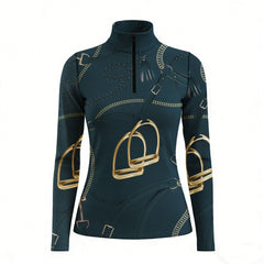 RIDER ATELIER equestrian stirrup & bridle quarter-zip top in teal on white background