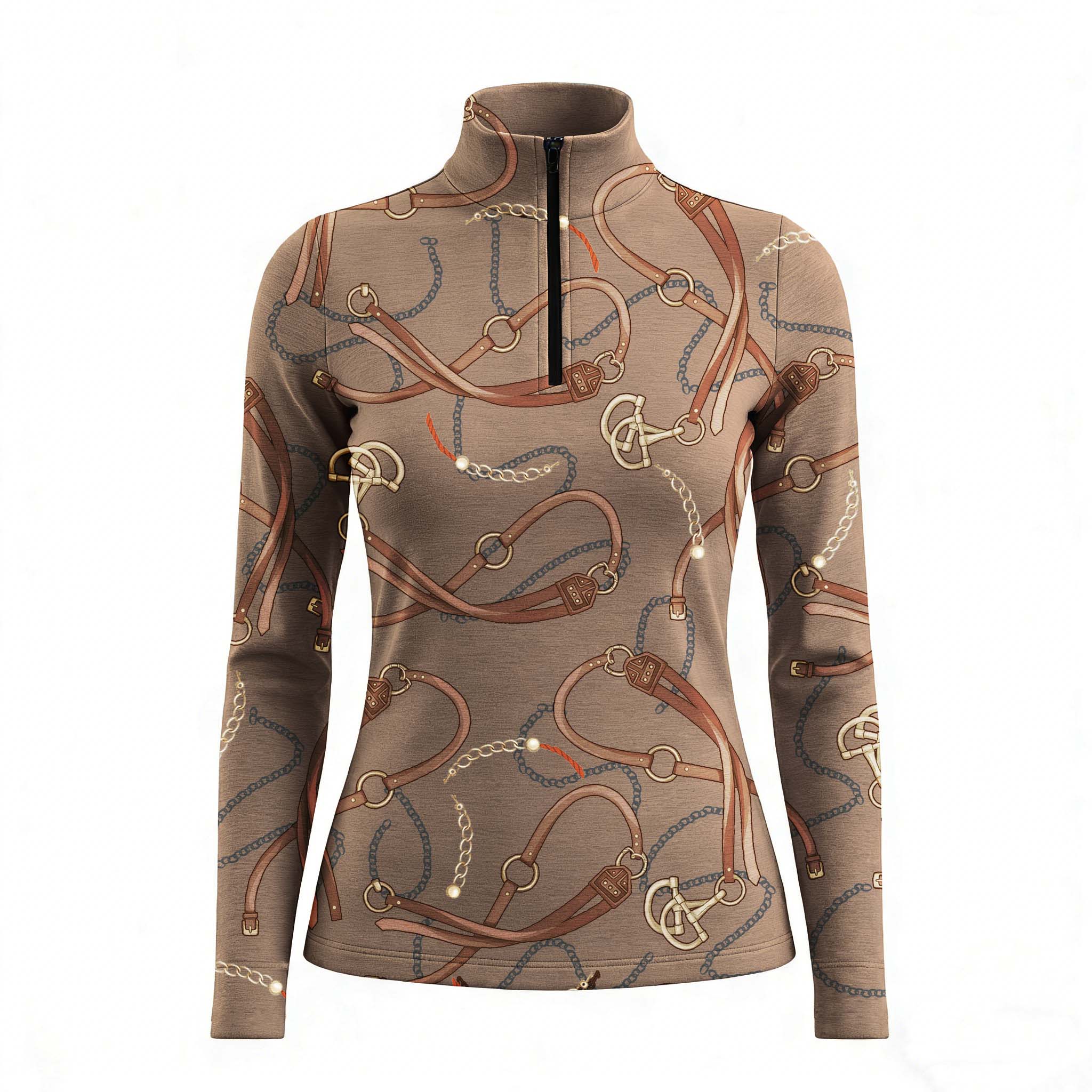 RIDER ATELIER taupe equestrian tack quarter-zip top on white background, front view