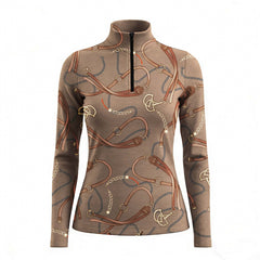 RIDER ATELIER taupe equestrian tack quarter-zip top on white background, front view