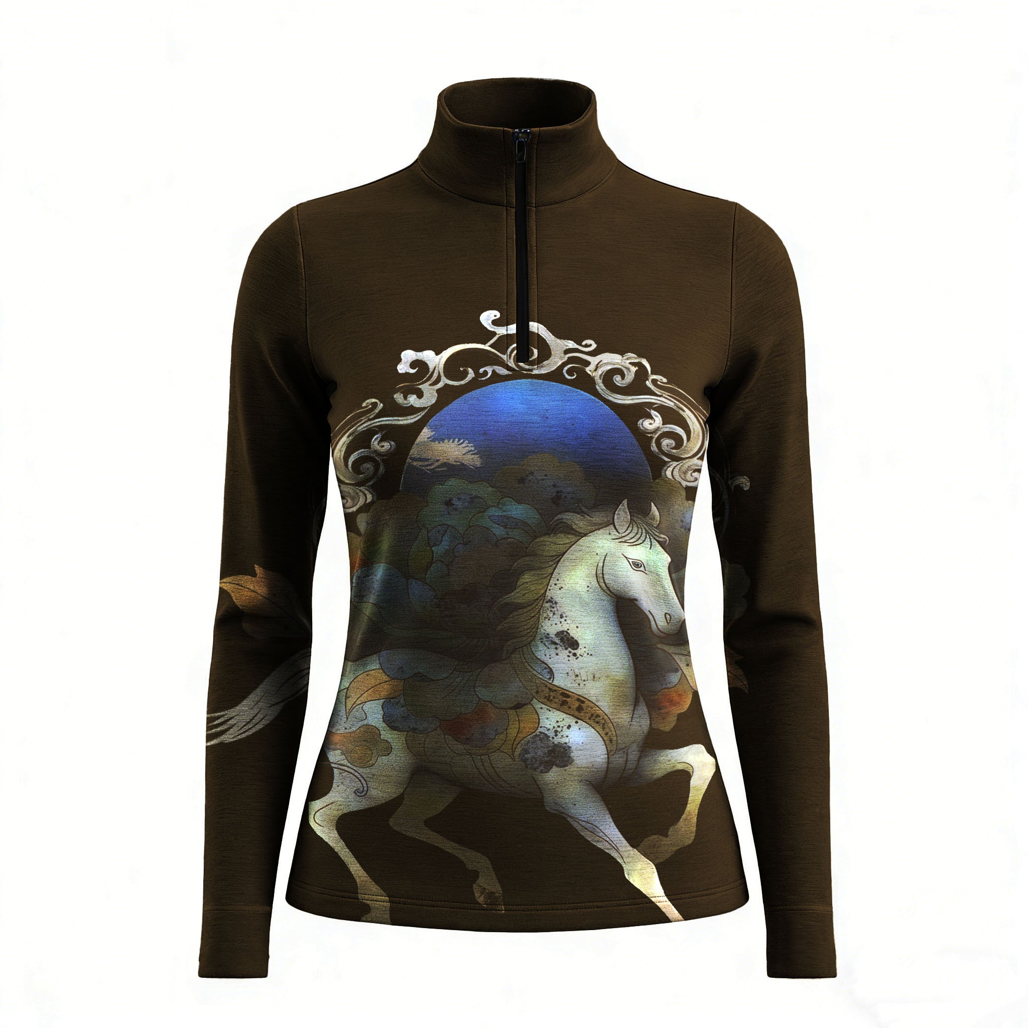 RIDER ATELIER ornate fantasy horse quarter-zip top on white background, front view
