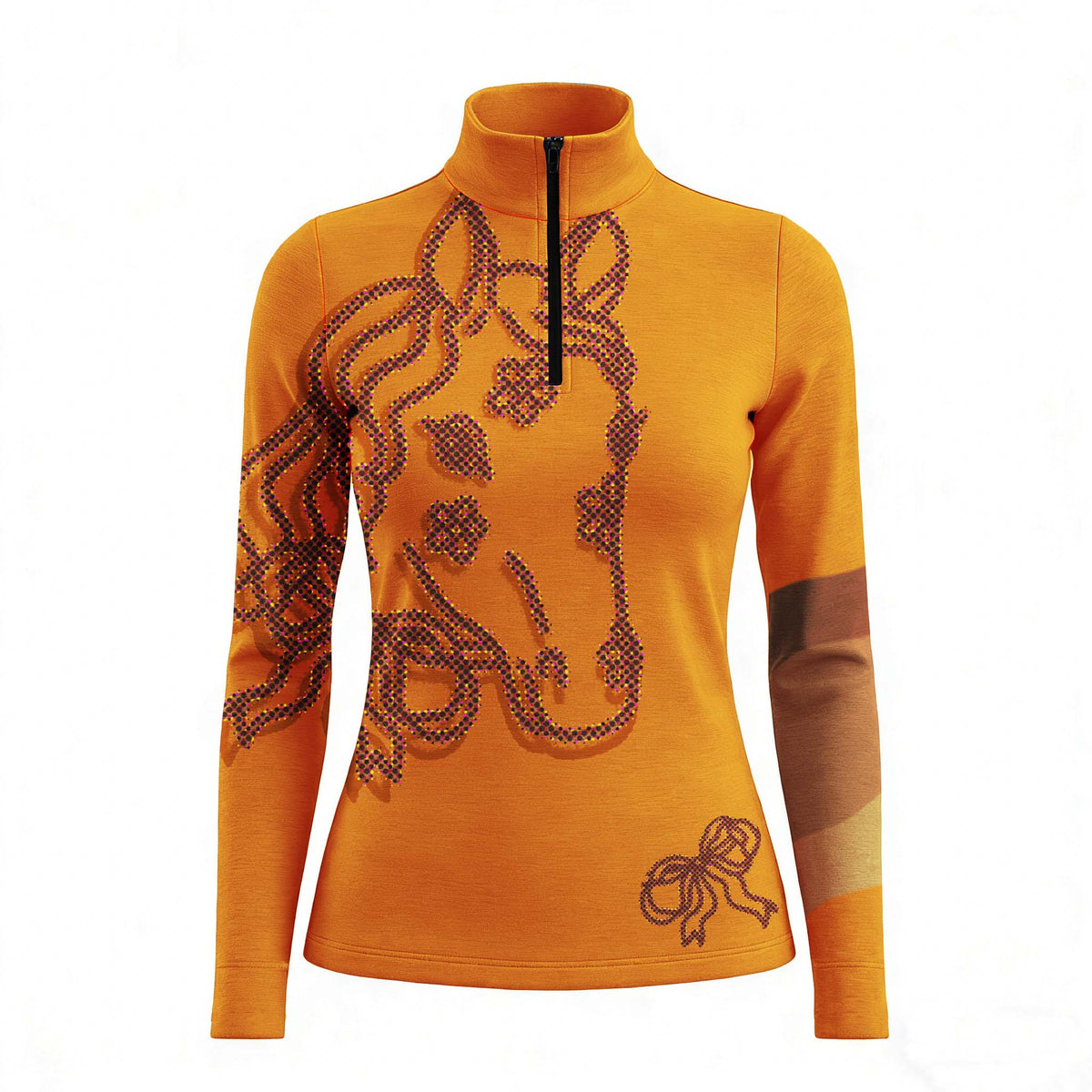 RIDER ATELIER floral horse head quarter-zip top on white background, front view
