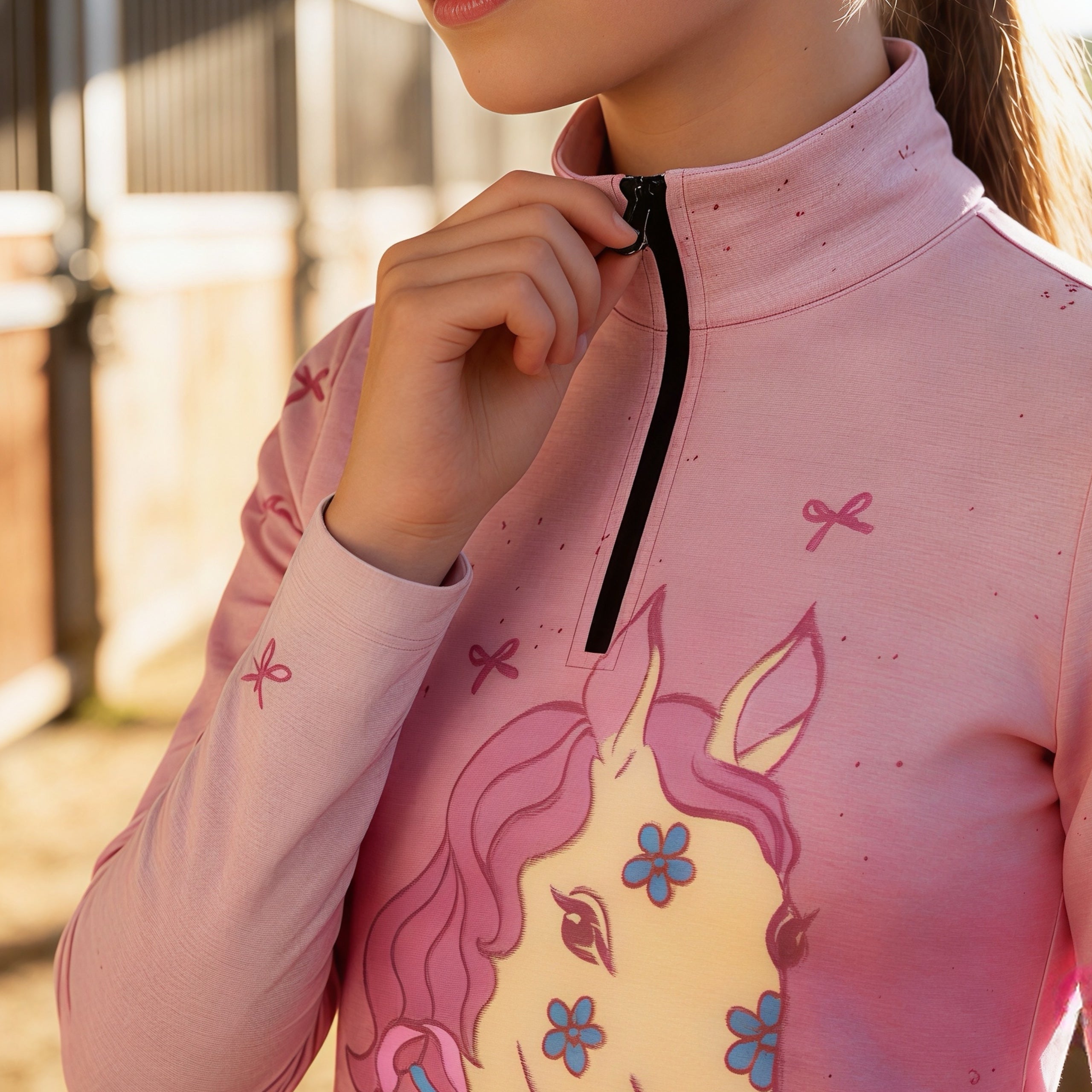 Closeup of RIDER ATELIER floral pony quarter-zip top collar and print
