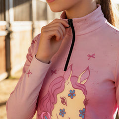 Closeup of RIDER ATELIER floral pony quarter-zip top collar and print
