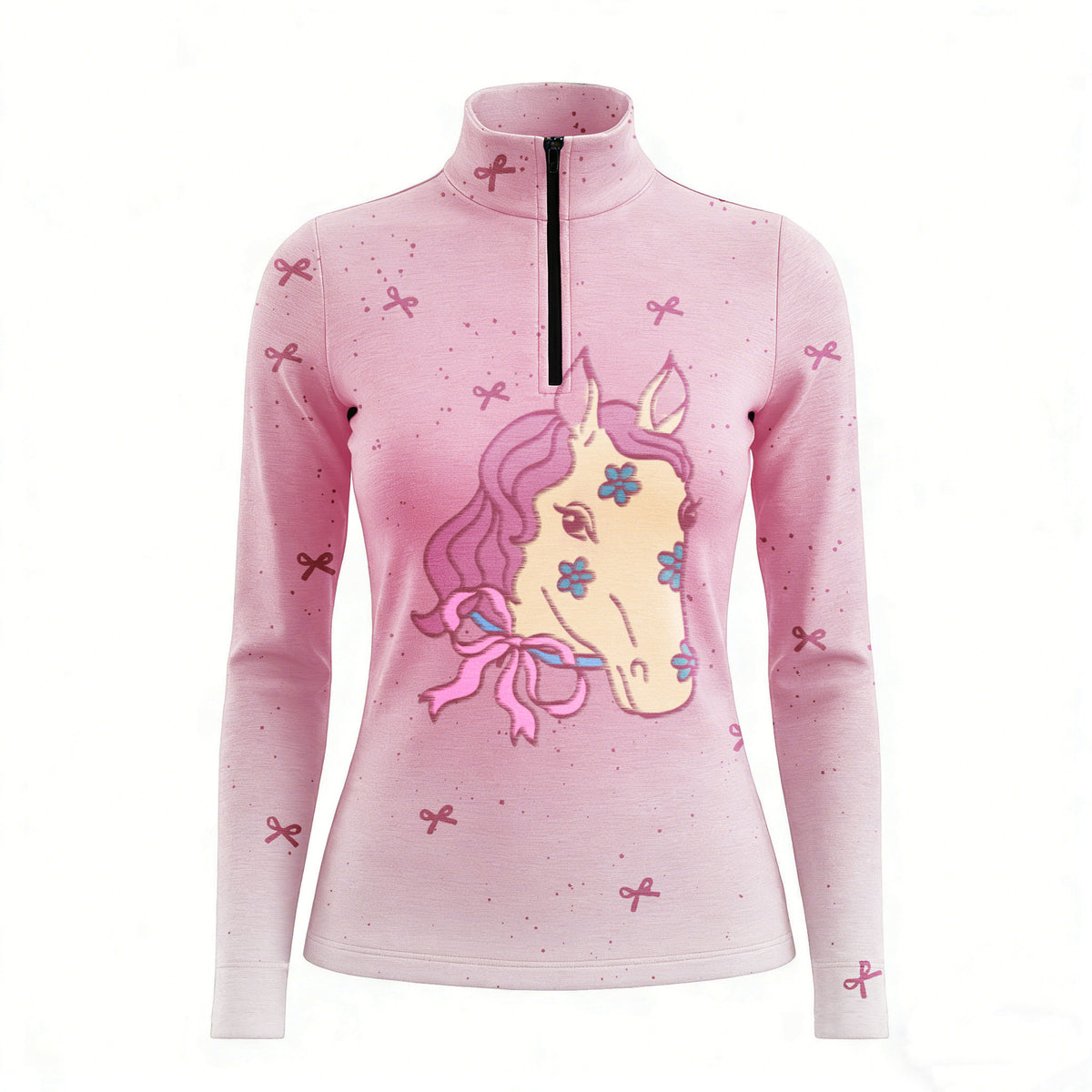 RIDER ATELIER floral pony quarter-zip top on white background, front view
