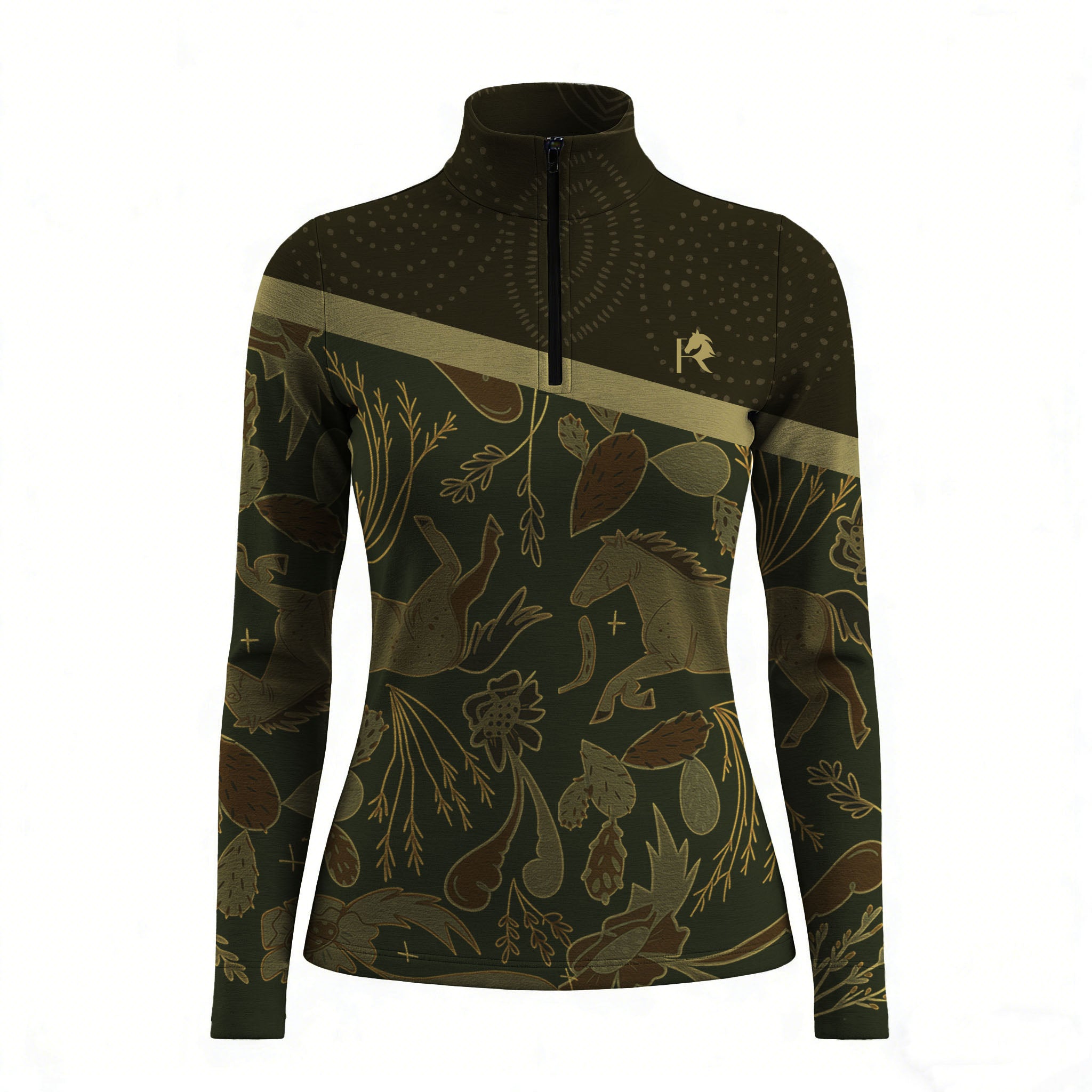 RIDER ATELIER folk art quarter-zip top on white background, front view
