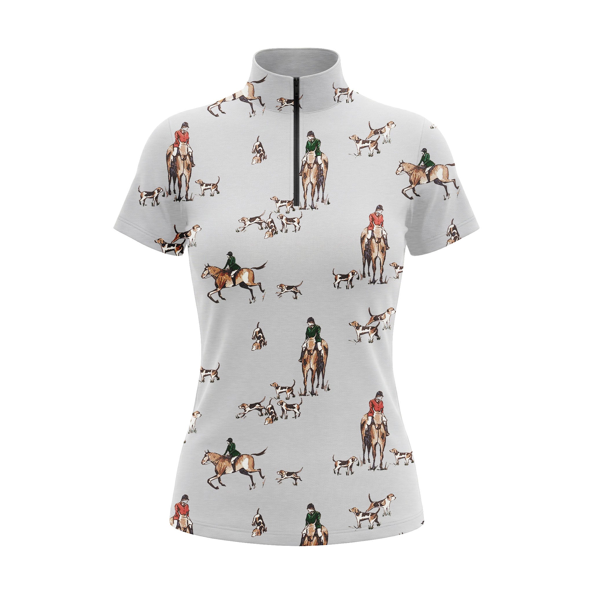 RIDER ATELIER fox hunt short sleeve quarter-zip top on white background, front view
